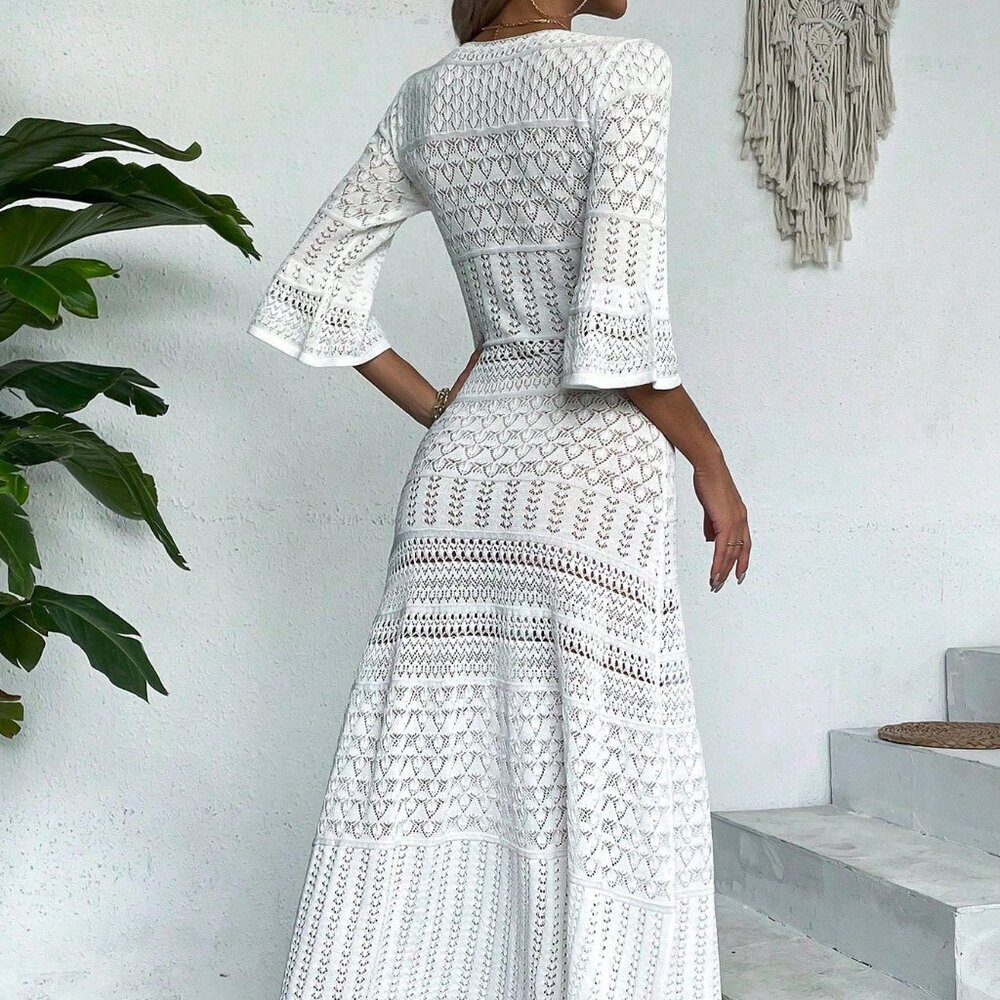 White Elegant Women's Casual V Neck Long Sleeve Knit Dress Beach Vacation - Picture 2 of 8
